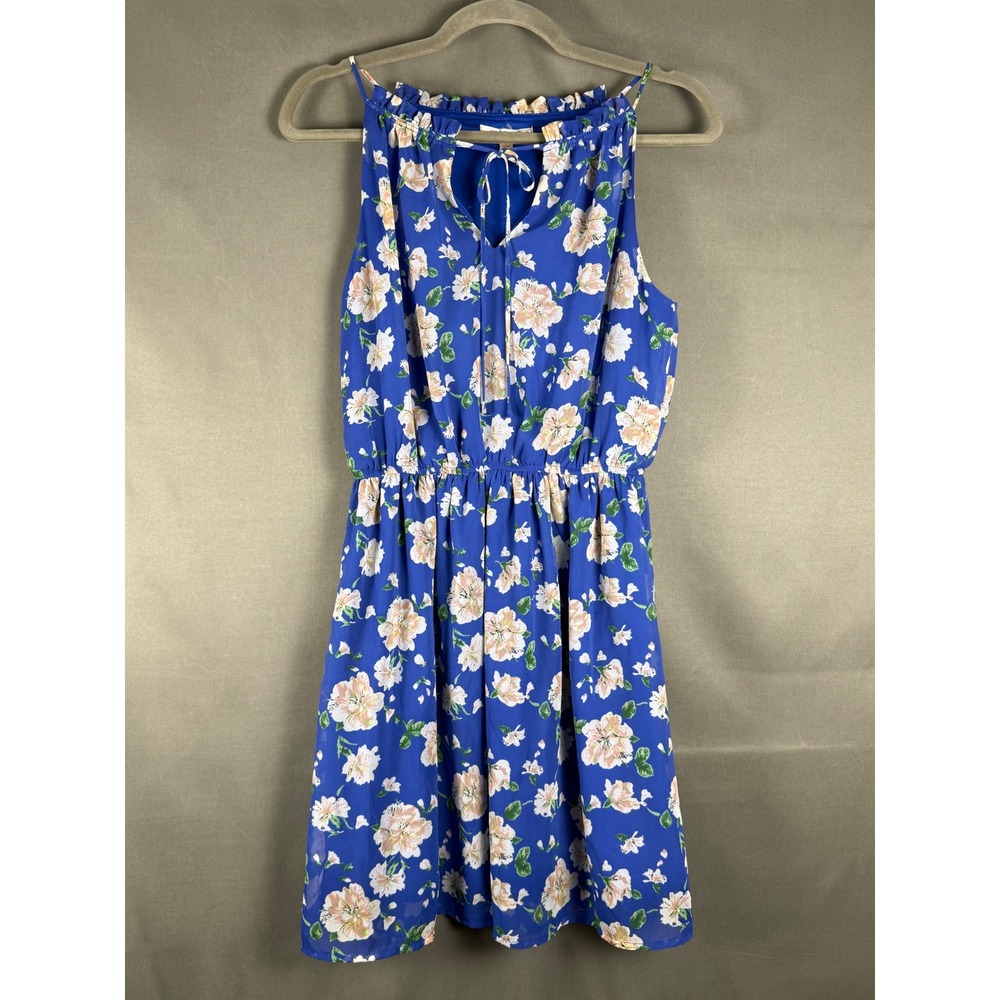 Skies Are Blue Floral Dress Womens XS Blue Sleeveless Ruffle Neck Mini 94585